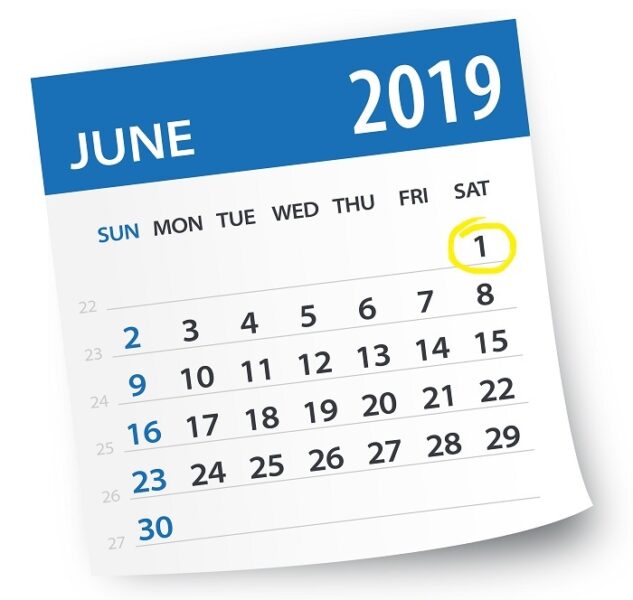 June 2019 calendar with 1 June circled